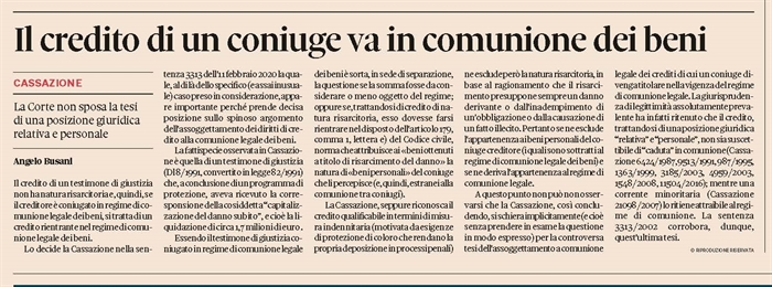 MATRIMONIO - Il credito di un coniuge va in comunione dei beni