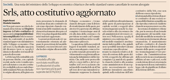 SOCIETA' - L'atto costitutivo di Srls deve essere conforme al modello standard
