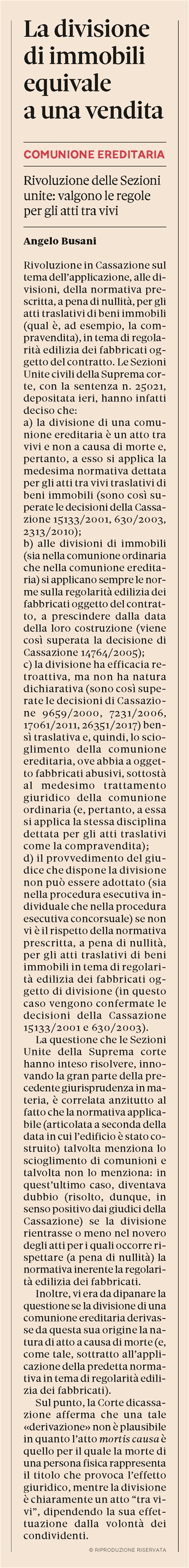 DIVISIONE - Per la Cassazione ha effetto traslativo e retroattivo