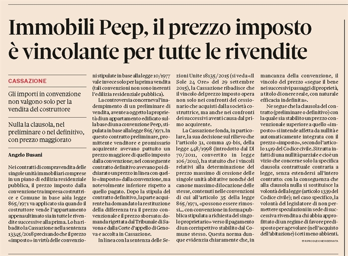 COMPRAVENDITA - Prezzo imposto per le case nei Peep