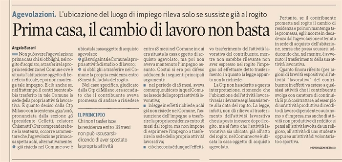 COMPRAVENDITA - Agevolazione prima casa e luogo di svolgimento dell'attività lavorativa