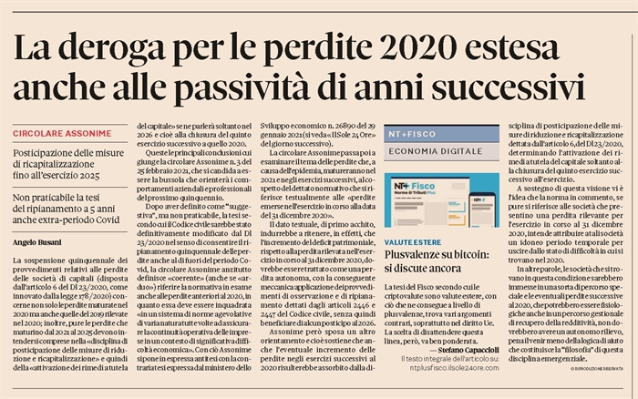 SOCIETA' - Sospese fino al 2026 anche le perdite del 2019