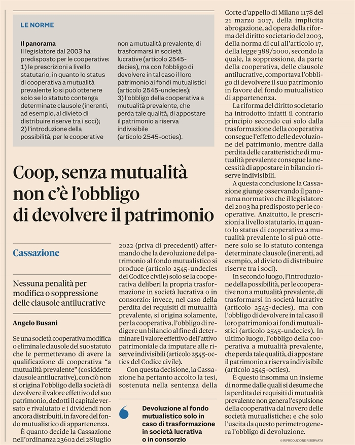 COOPERATIVA - Perdita della mutualità prevalente e devoluzione del patrimonio