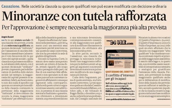 SOCIETA' - Quorum per modificare la clausola che dispone una maggioranza rafforzata