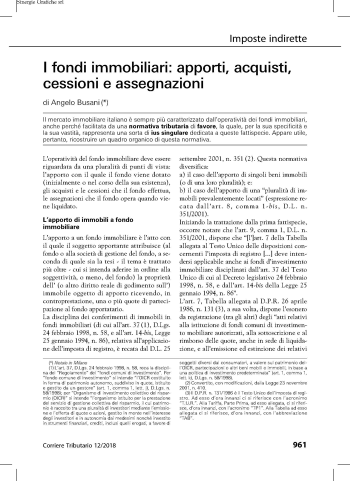 FONDI IMMOBILIARI: apporti, acquisti, cessioni e assegnazioni