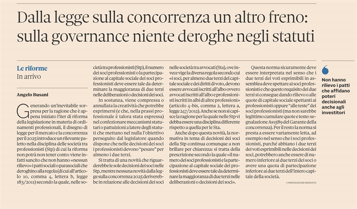 STP - Nullità delle deroghe alle norme sulle quote di capitale dei professionisti 