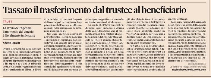 TRUST - Finalmente la tassazione "in uscita" e non "in entrata" ?