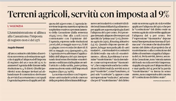 SERVITU' - Registro al 9% se il fondo servente è agricolo