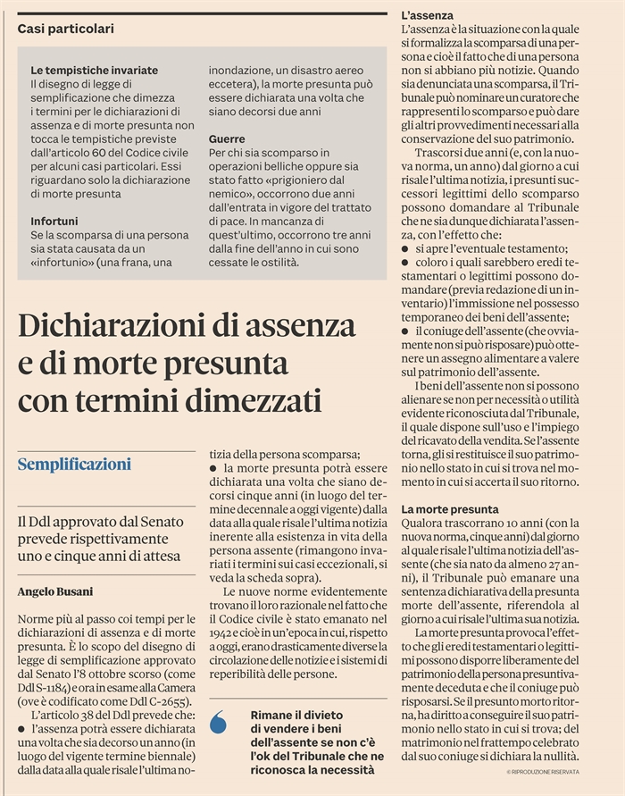 ASSENZA e MORTE PRESUNTA - Dimezzati i termini