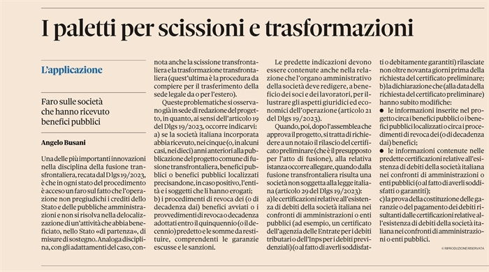 SOCIETA' - Operazioni transfrontaliere e benefici pubblici