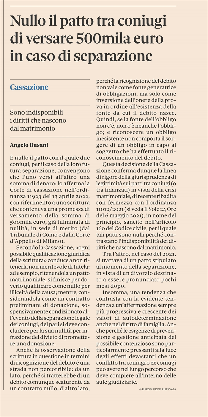 SEPARAZIONE CONIUGALE - Patti sulla futura separazione