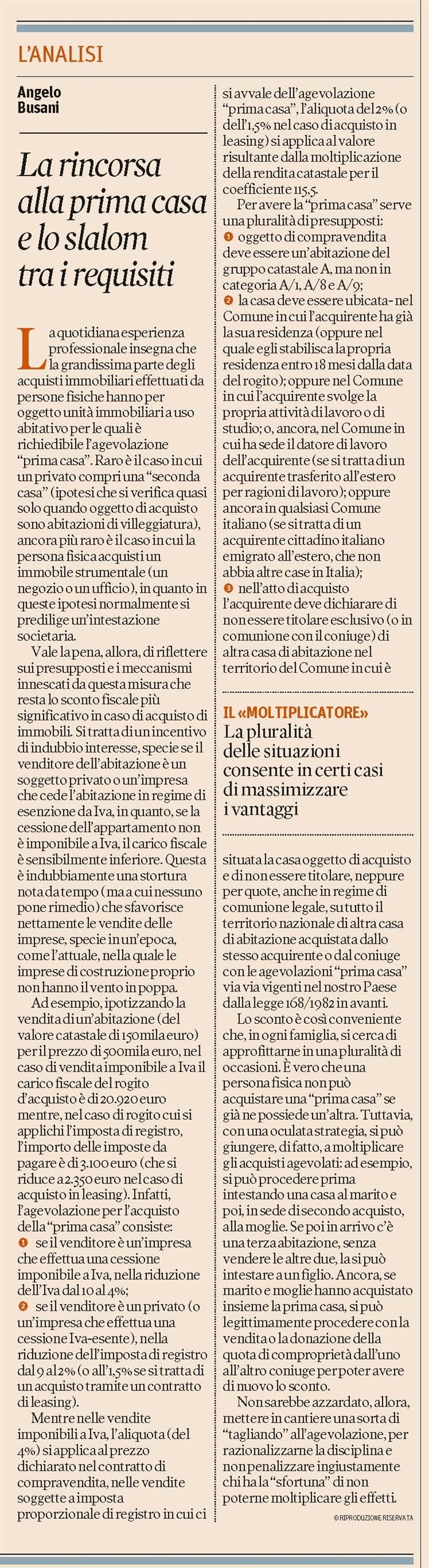 COMPRAVENDITA - L'agevolazione per l'acquisto della prima casa