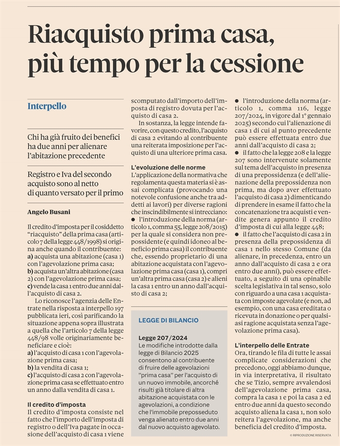 CREDITO D'IMPOSTA PRIMA CASA - Due anni per vendere la casa preposseduta