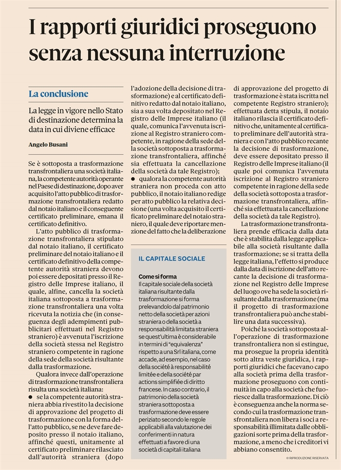 SOCIETA' - La procedura da seguire per la trasformazione transfrontaliera