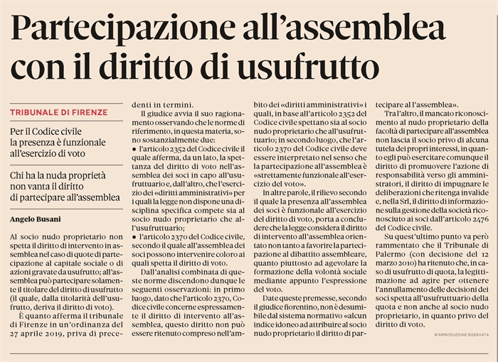 SOCIETA' - Il nudo proprietario non può intervenire all'assemblea dei soci