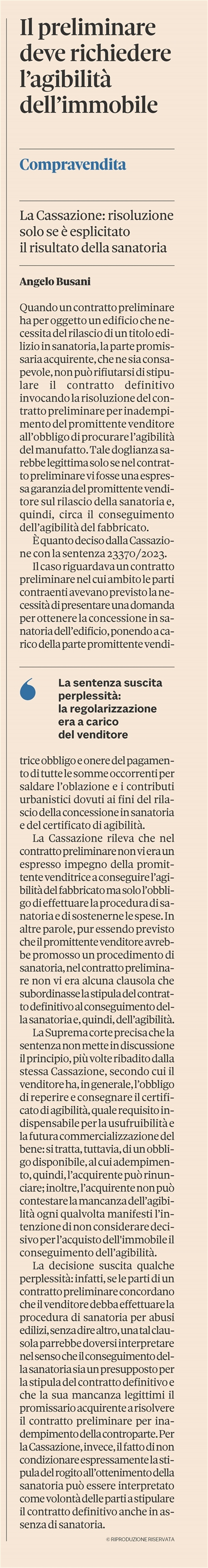 CONTRATTO PRELIMINARE - Acquirente consapevole dell'abuso edilizio
