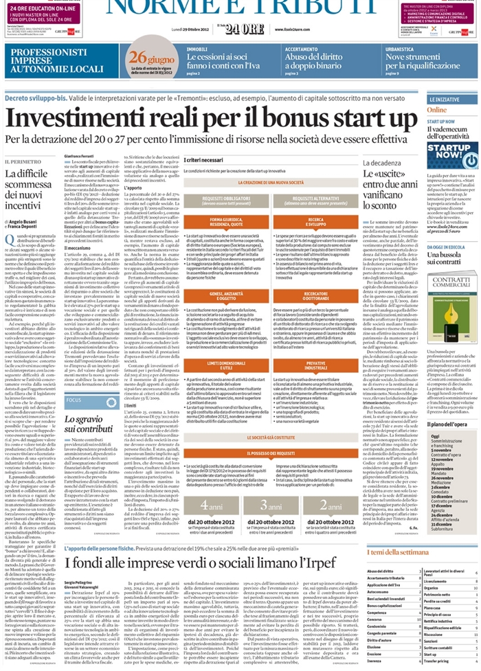 2012 10 29 StartUp -scommessa dei nuovi incentivi