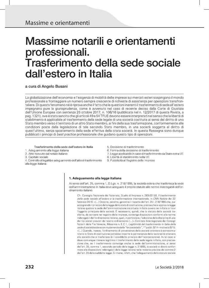 SOCIETA' - Trasferimento sede dall'estero all'Italia (rassegna di orientamenti professionali)