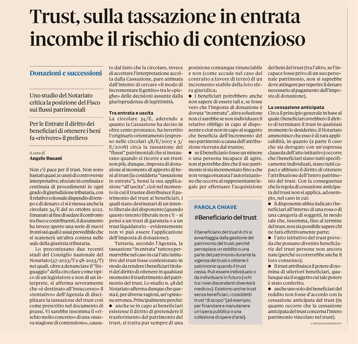 TRUST E FISCO - Permangono problemi interpretativi