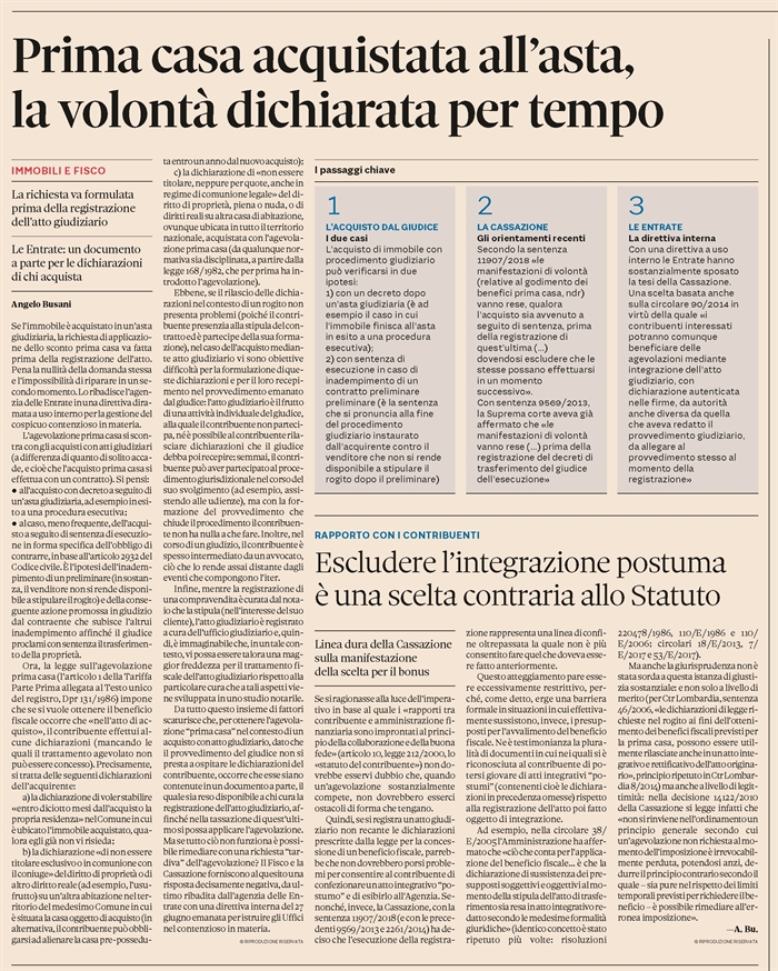 COMPRAVENDITA - Agevolazione "prima casa" quando si compra all'asta
