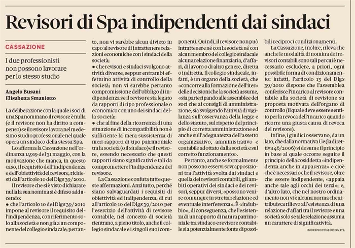 SOCIETA' - Indipendenza tra sindaco e revisore