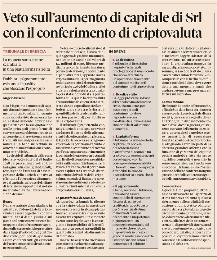 SOCIETA ' - Aumento di capitale in cripto-valuta