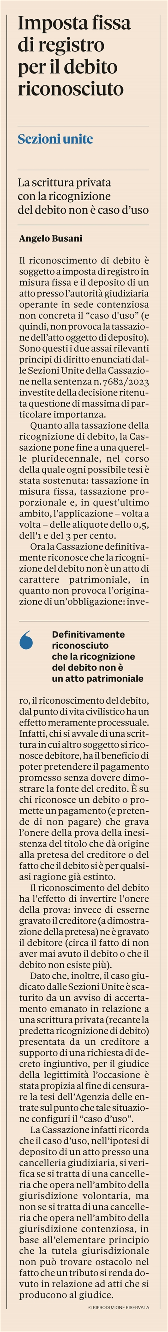 RICOGNIZIONE DI DEBITO - Imposta fissa di registro