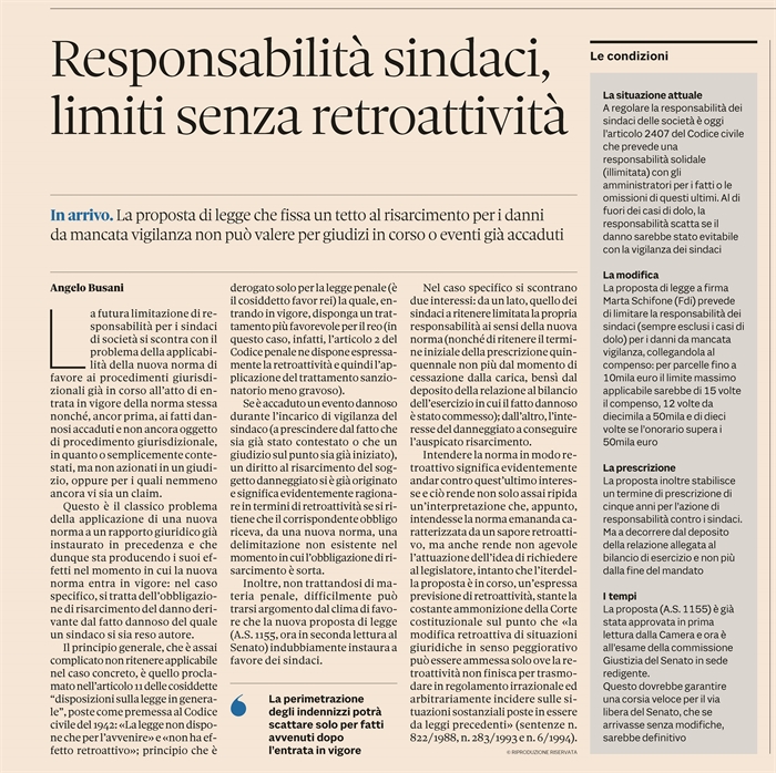 RESPONSABILITA' DEL COLLEGIO SINDACALE - Nuove norme non retroattive