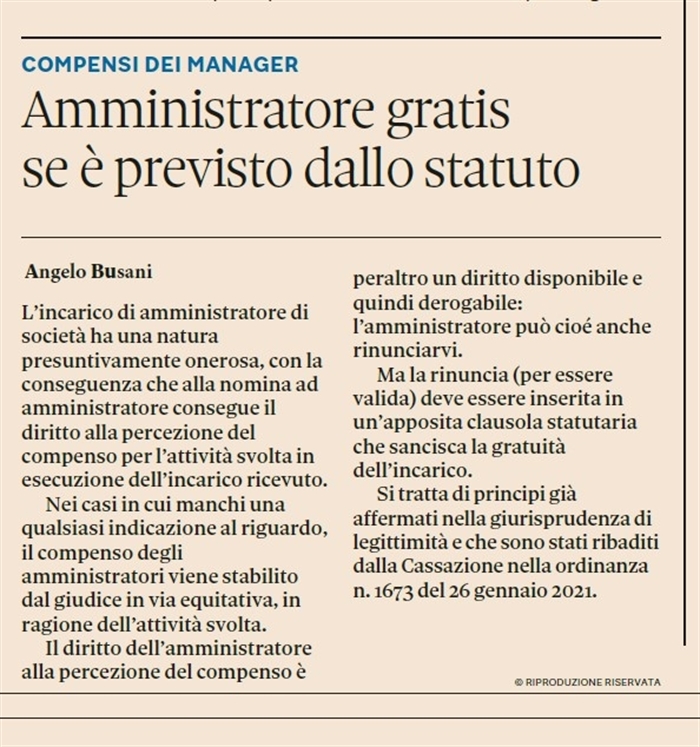 SOCIETA' - Statuto - Nomina di amministratore senza compenso