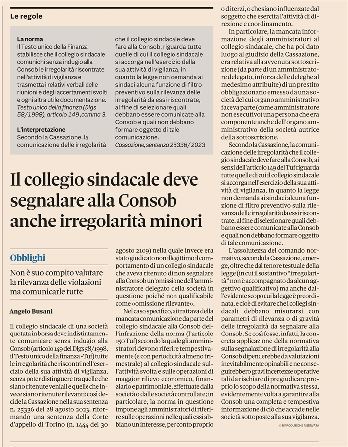 SOCIETA' - Obbligo dei sindaci di segnalare a Consob anche irregolarità minori