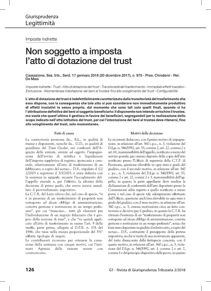 TRUST - Niente tassazione per l'atto di dotazione del trust