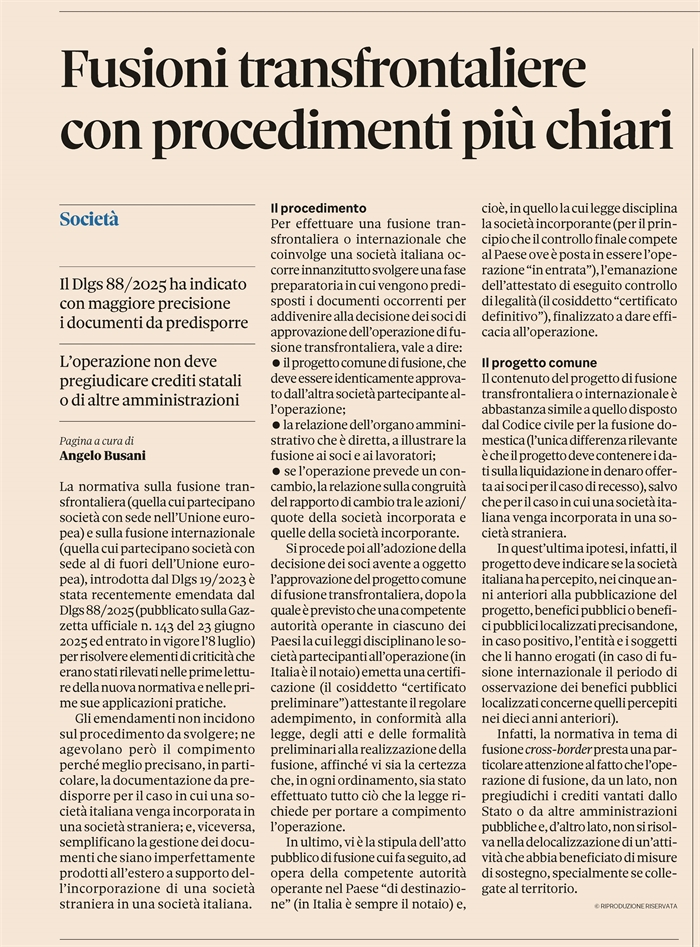 FUSIONE TRANSFRONTALIERA - La riforma del 2025 semplifica l'iter