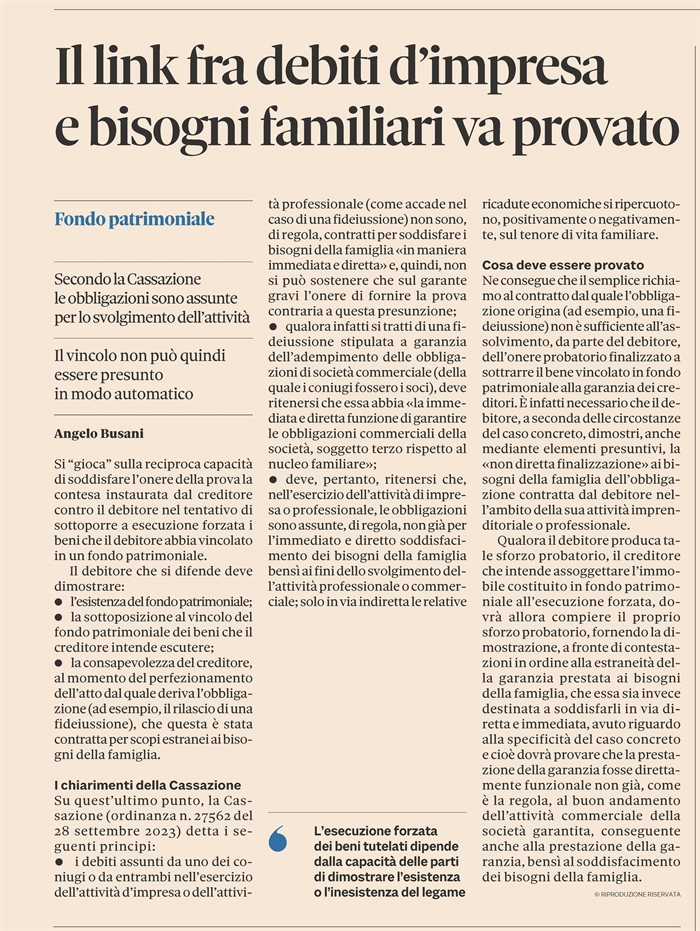 FONDO PATRIMONIALE - I debiti professionali non riguardano i bisogni della famiglia