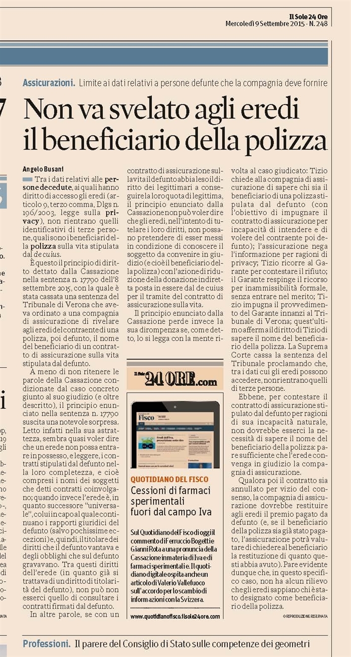 EREDITA' - Polizza stipulata dal defunto
