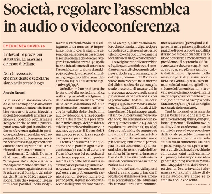 SOCIETA' - Assemblee e CdA in audio/video conferenza