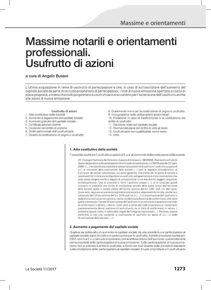 SOCIETA' - L'usufrutto di azioni