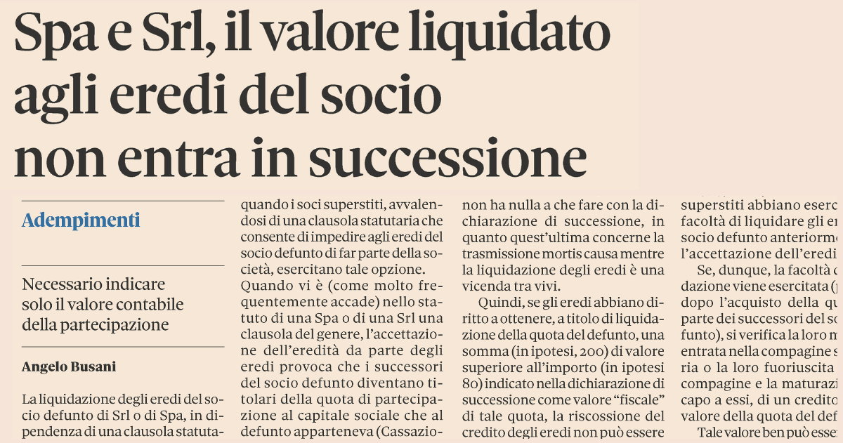 DICHIARAZIONE DI SUCCESSIONE - Il valore della quota del socio defunto