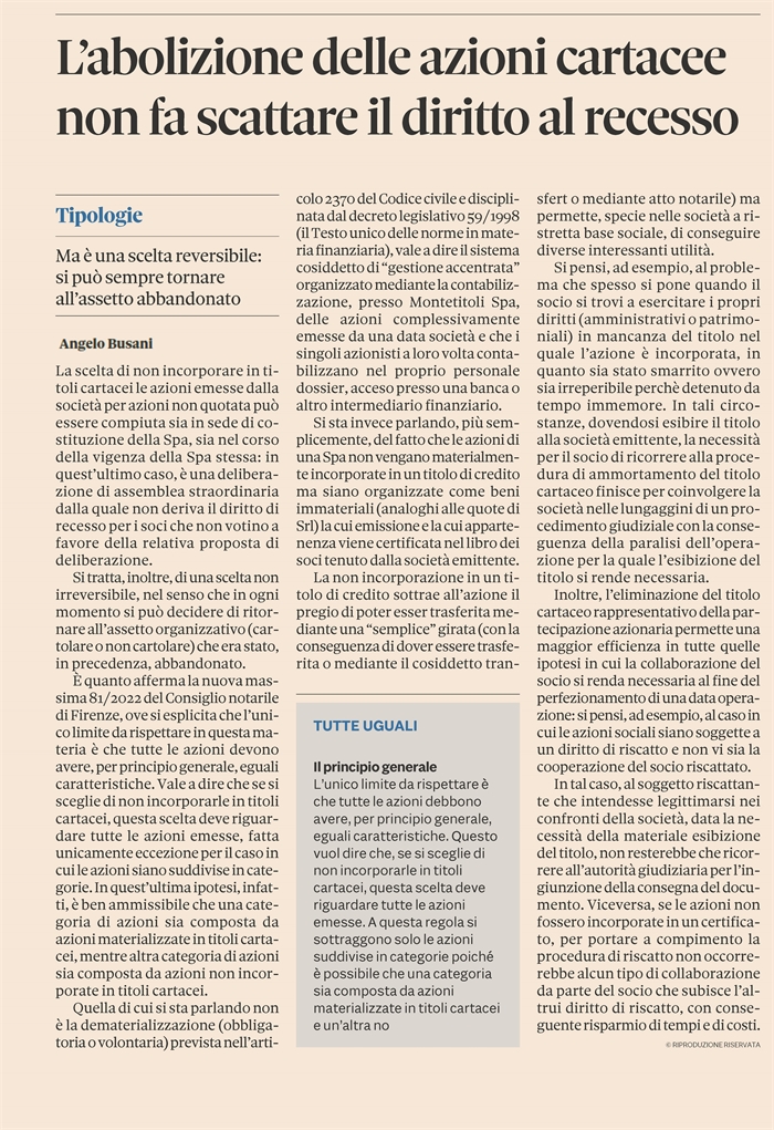RECESSO DA SPA - Non compete al socio non favorevole ad abolire le azioni cartacee 