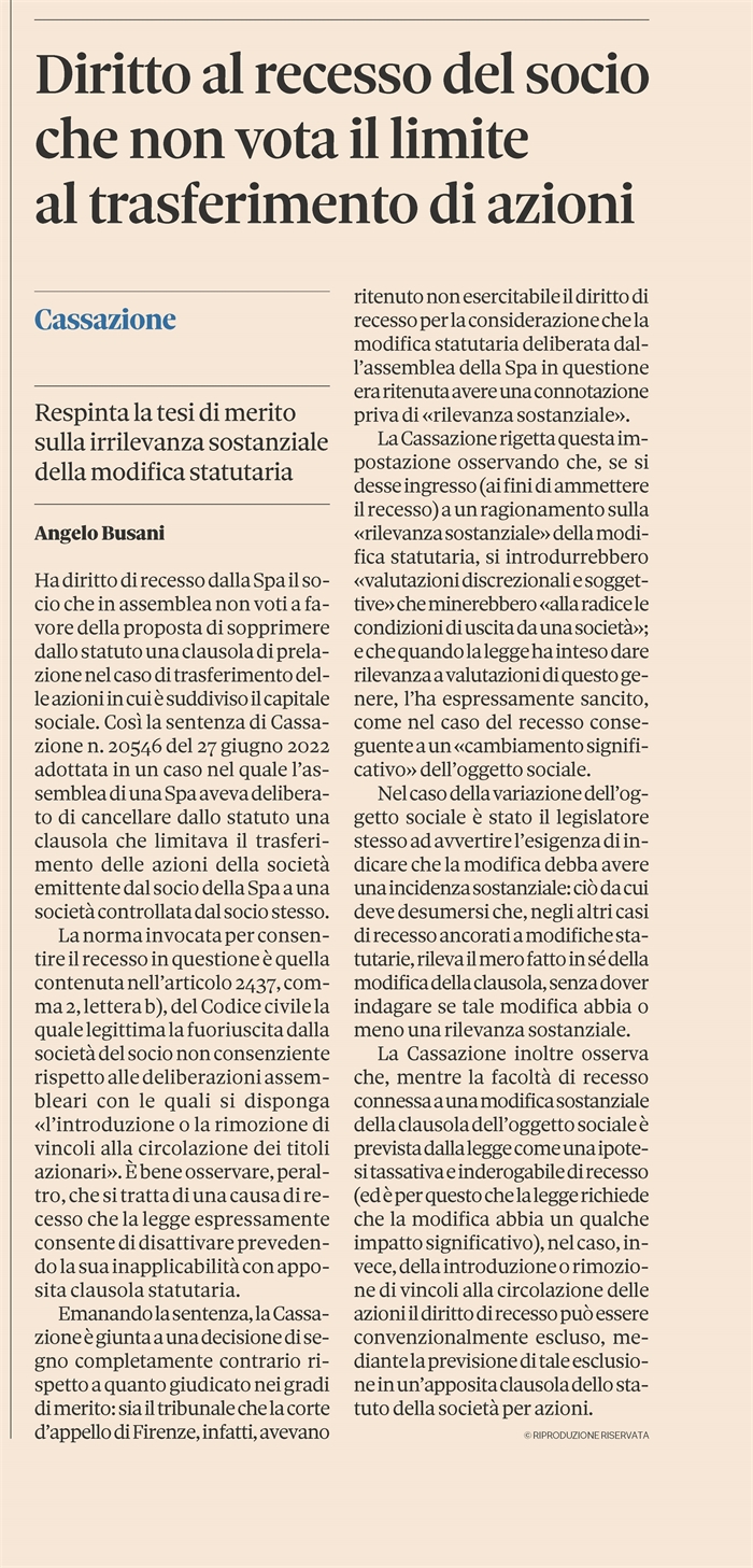 SOCIETA' - Recesso al socio che vota contro l'eliminazione della clausola di prelazione