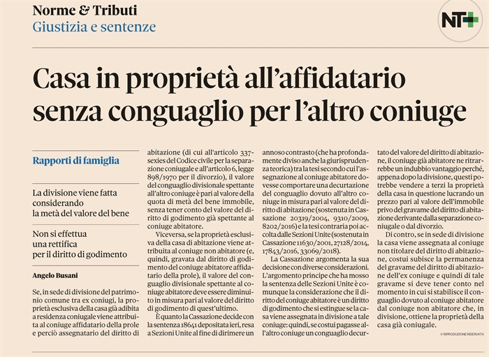 SEPARAZIONE E DIVORZIO - Conguaglio nella divisione della casa ex coniugale