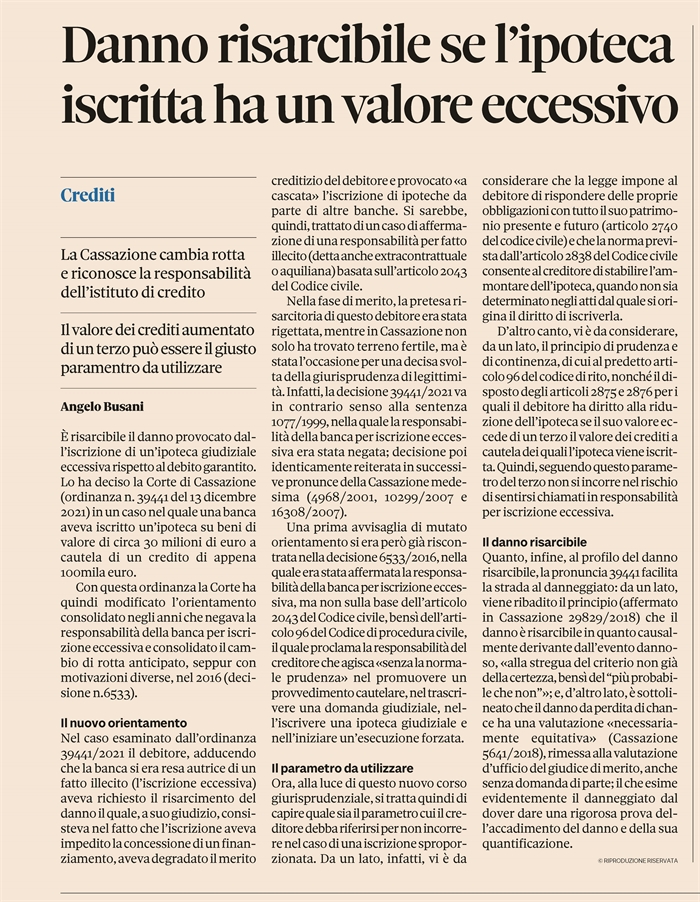 IPOTECA ECCESSIVA - Danno risarcibile