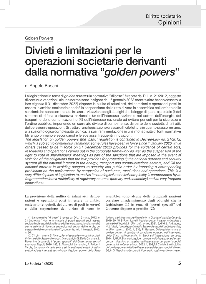 SOCIETA' - Operazioni vietate o limitate dalla normativa Golden Power