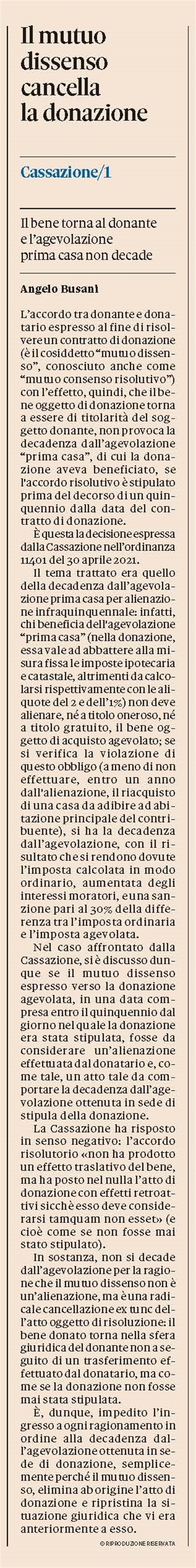 PRIMA CASA - No alla decadenza per mutuo dissenso prima di 5 anni