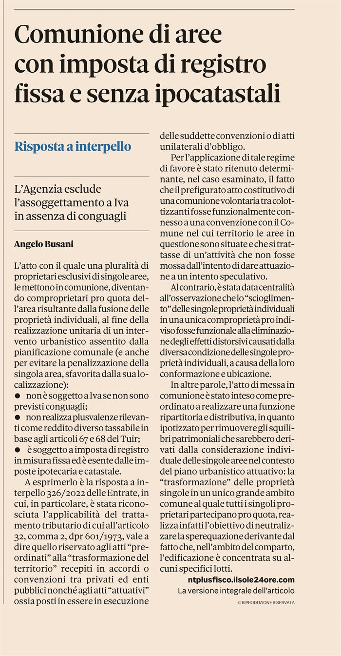 COMUNIONE TRA COLOTTIZZANTI - Tassazione dell'atto costitutivo