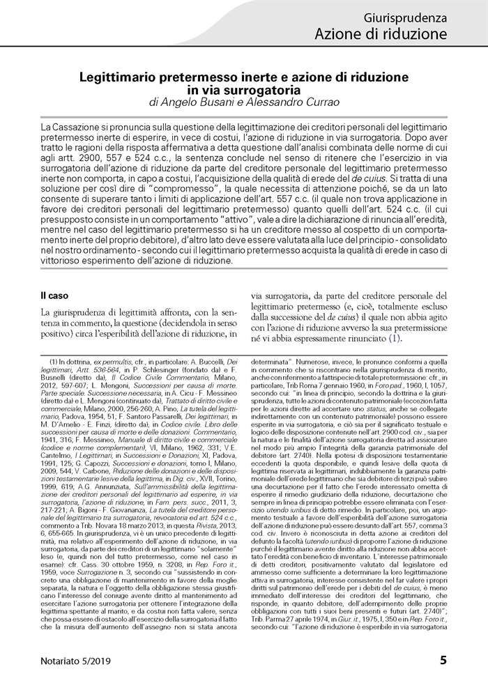 EREDITA - Azione surrogatoria del creditore del legittimario pretermesso