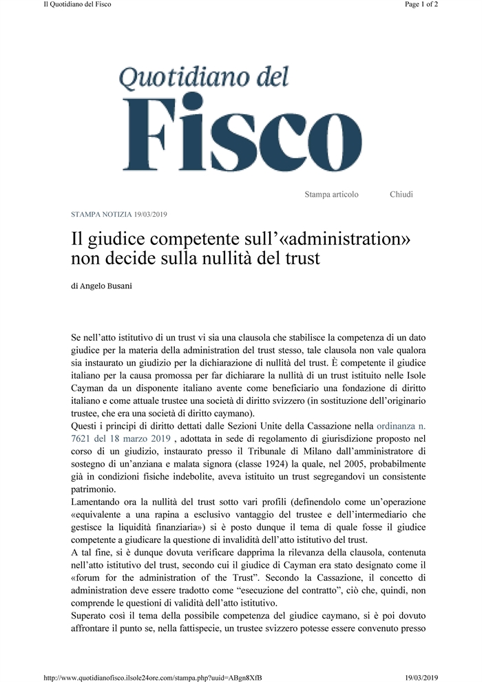 TRUST - Competente il giudice italiano quando convenuto è un trustee straniero