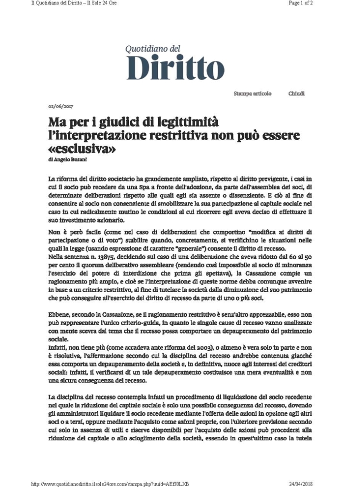 SOCIETA' - Il recesso del socio dissenziente