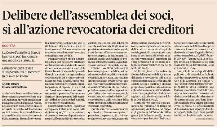 SOCIETA' - Azione revocatoria delle delibere delle assemblee societarie