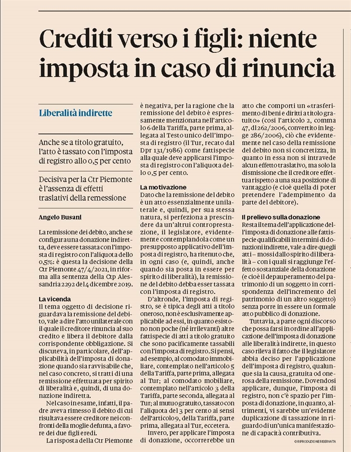 REMISSIONE DEL DEBITO - Si tassa con imposta di registro anche se è donazione indiretta
