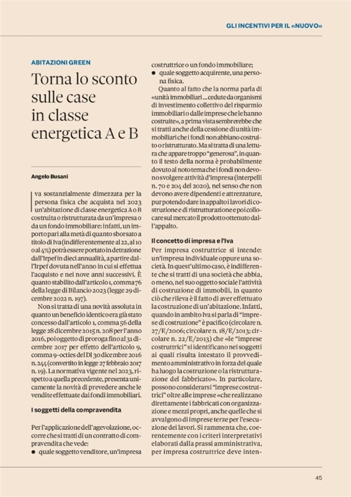 COMPRAVENDITA - IVA dimezzata per chi compra case in classe A o B